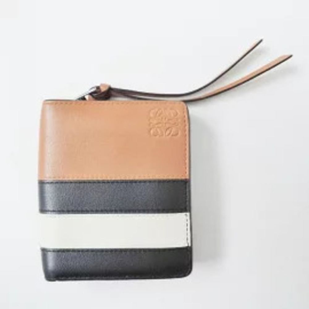 Loewe Bi fold Wallet Round Zipper Marine Blue Border Brown x Black White Leather
